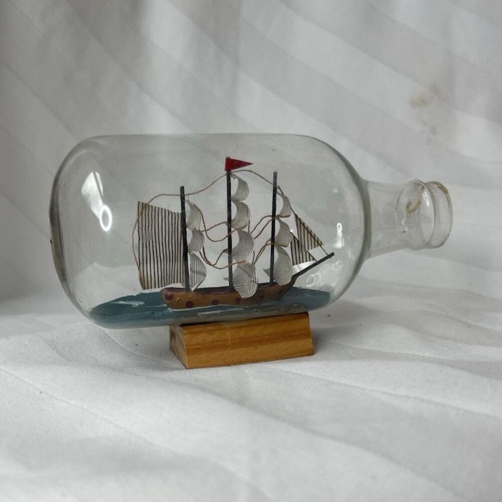 Sailboat Ship Model in Glass Bottle Collectible with Wooden Stand, 4.5" Length